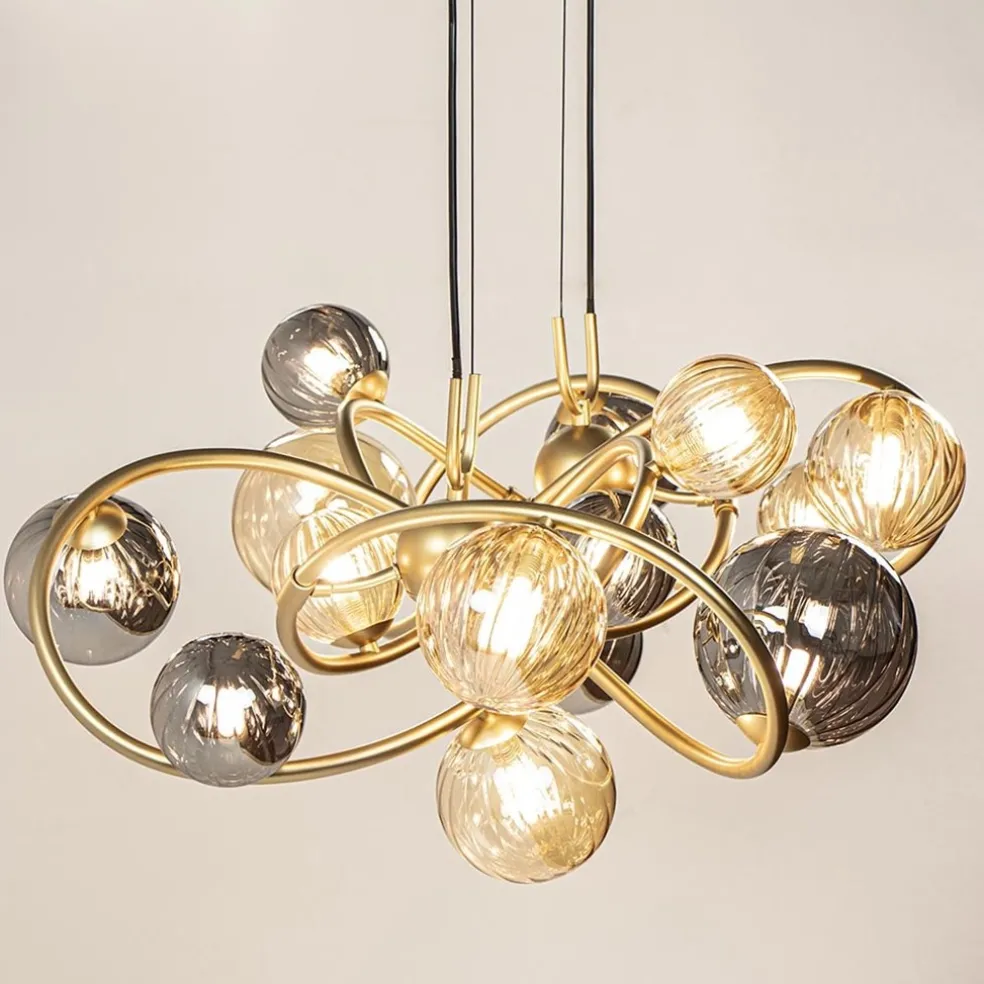 Best Straluma Grote hanglamp goud met amber/smoke glazen bollen