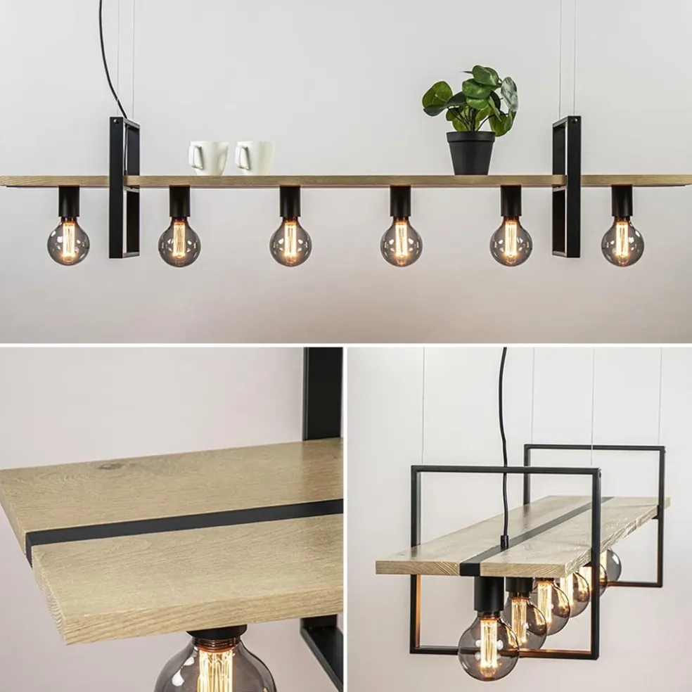 Discount Straluma Hanglamp 6L zwart met houten planken