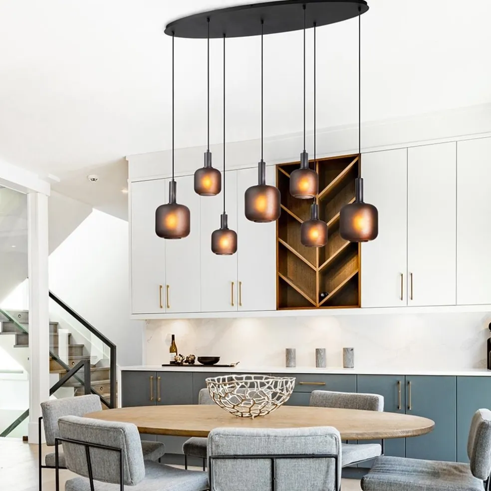 Online Straluma Hanglamp 7-lichts ovaal met mat zwart glas