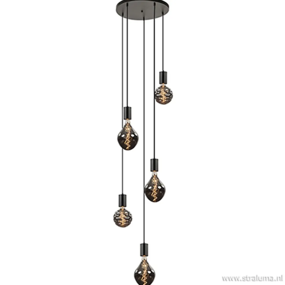 Outlet Straluma 5-lichts plaat rond + pendels zwart ex.lb