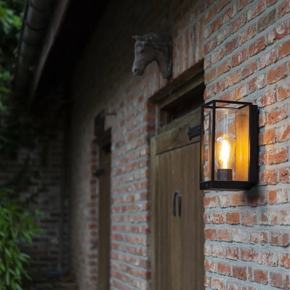 Outlet Straluma Rechthoekige buitenlamp zwart met houtlook en glas