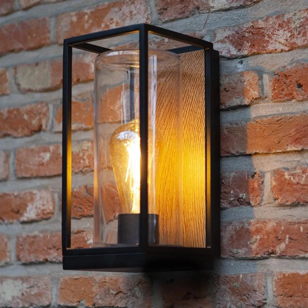 Outlet Straluma Rechthoekige buitenlamp zwart met houtlook en glas