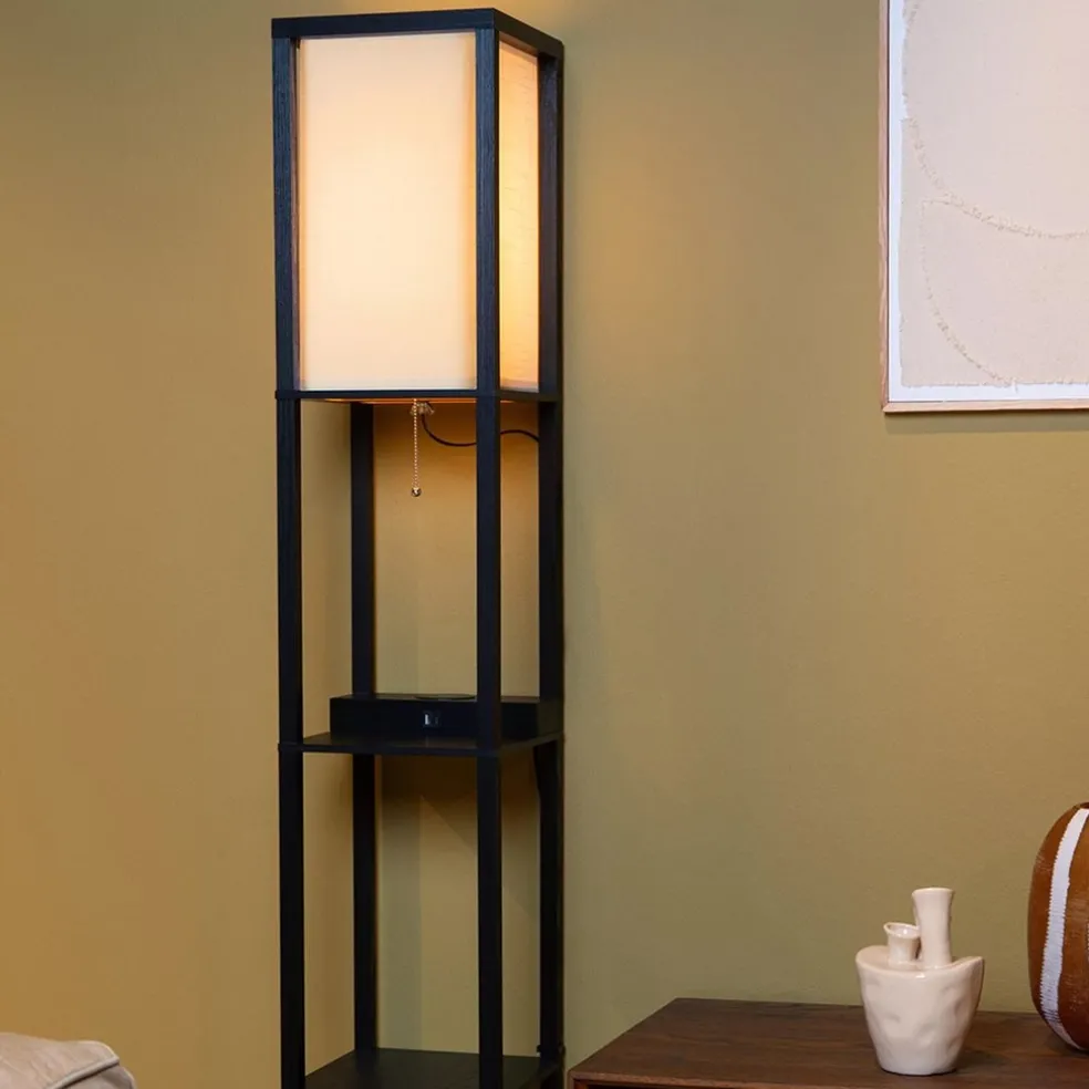 Cheap Straluma Vierkante vloerlamp zwart met beige kap en oplaadplatform