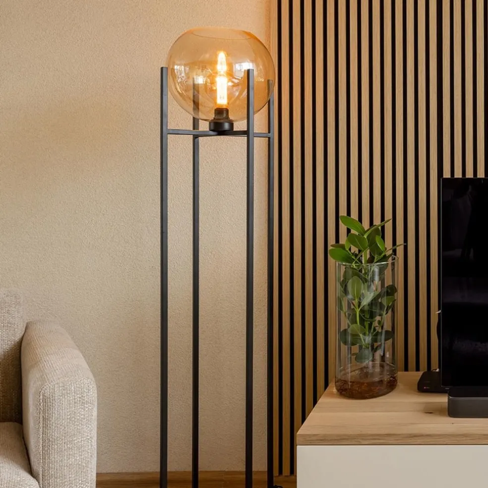 Sale Straluma Vloerlamp zwart + amber glazen bol