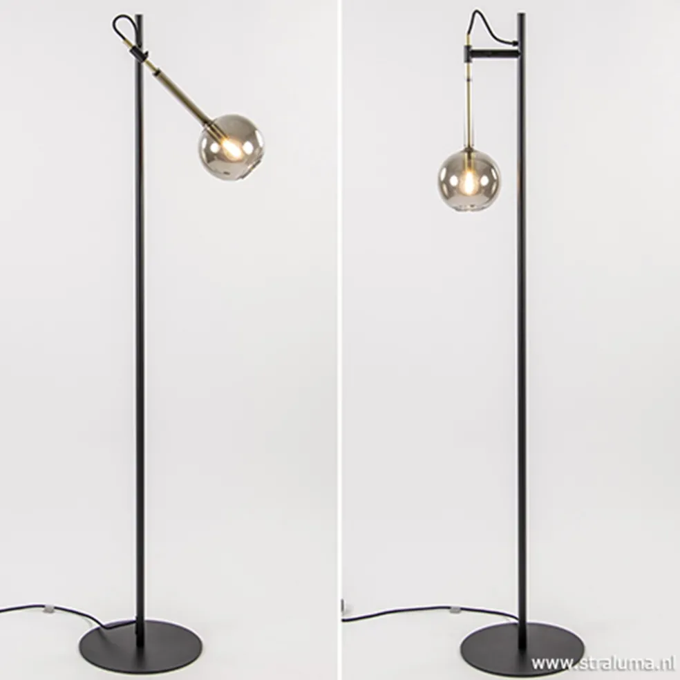 New Straluma Zwart/messing vloerlamp met smoke glas